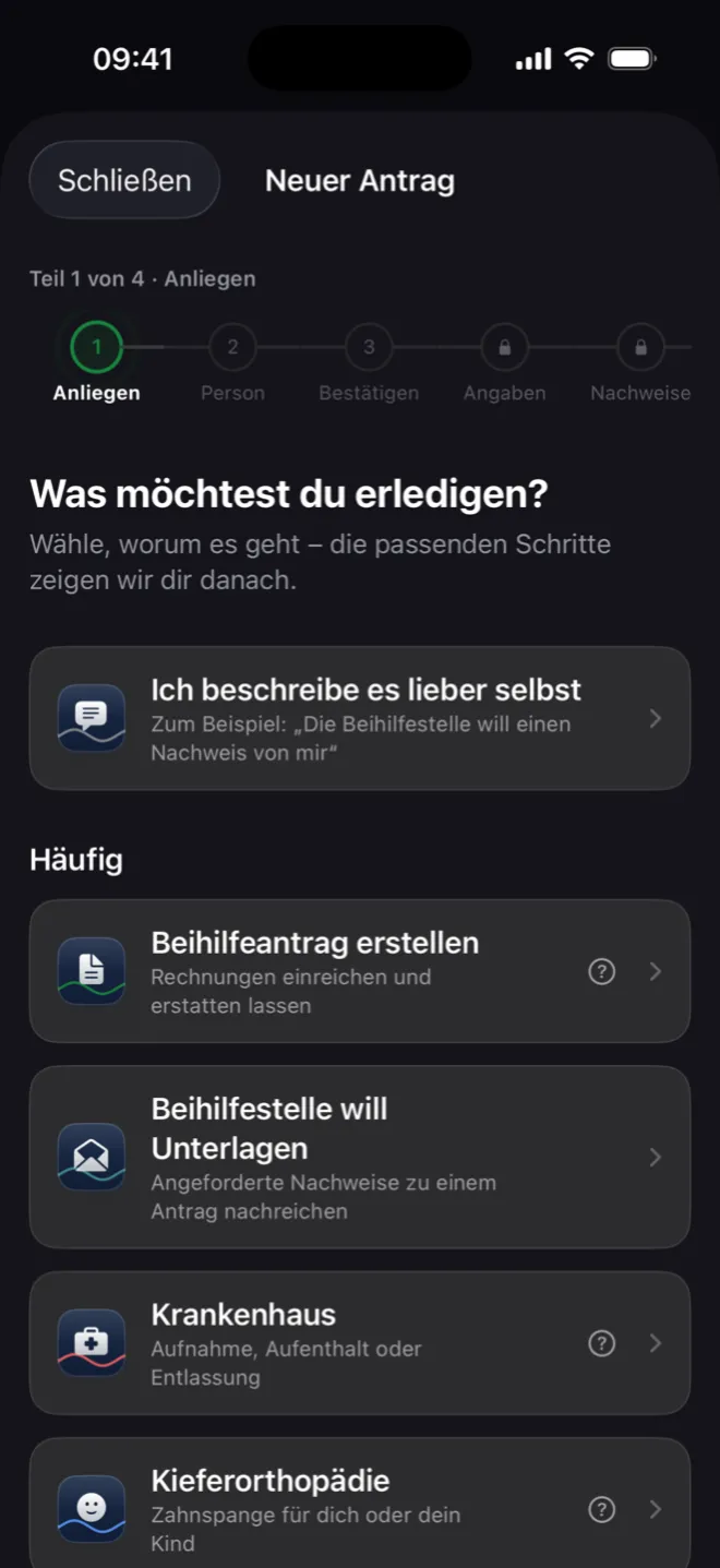 Neuer Antrag: Anliegen auswählen