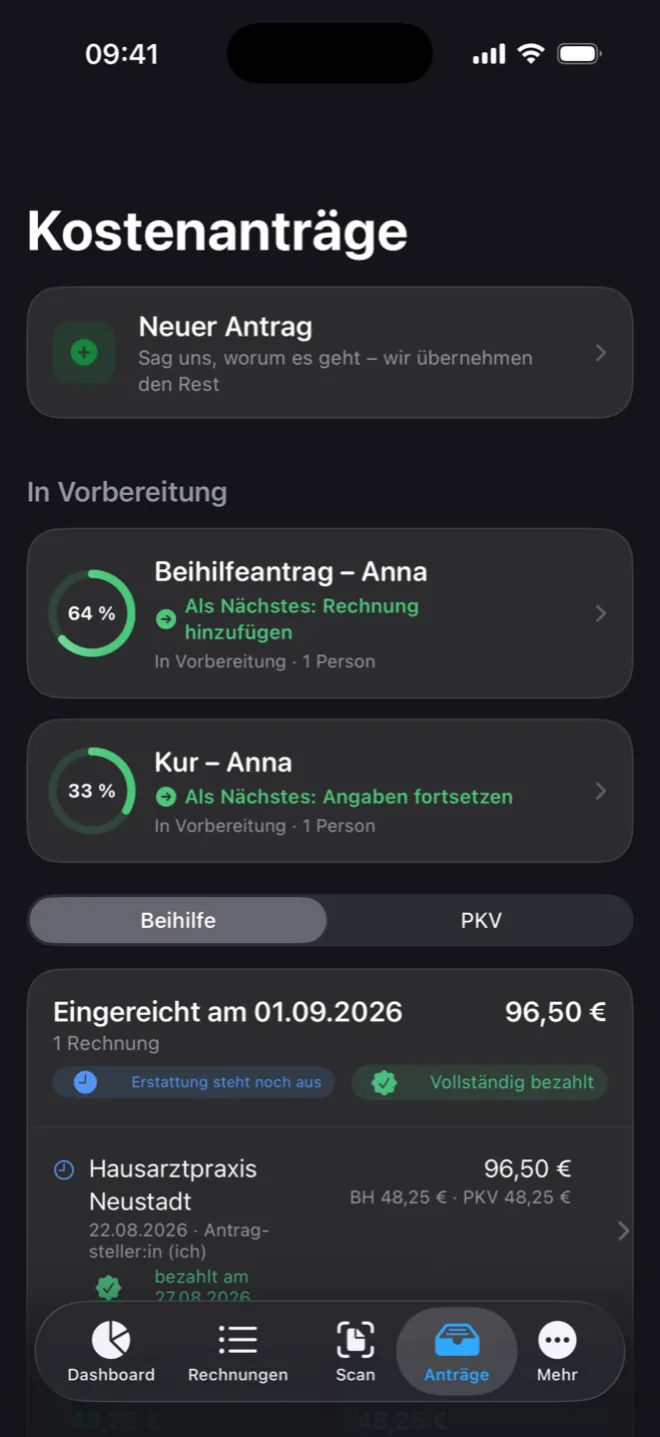Antragsliste mit Fortschrittsringen