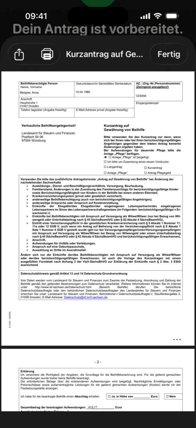Automatisch ausgefüllter Kurzantrag