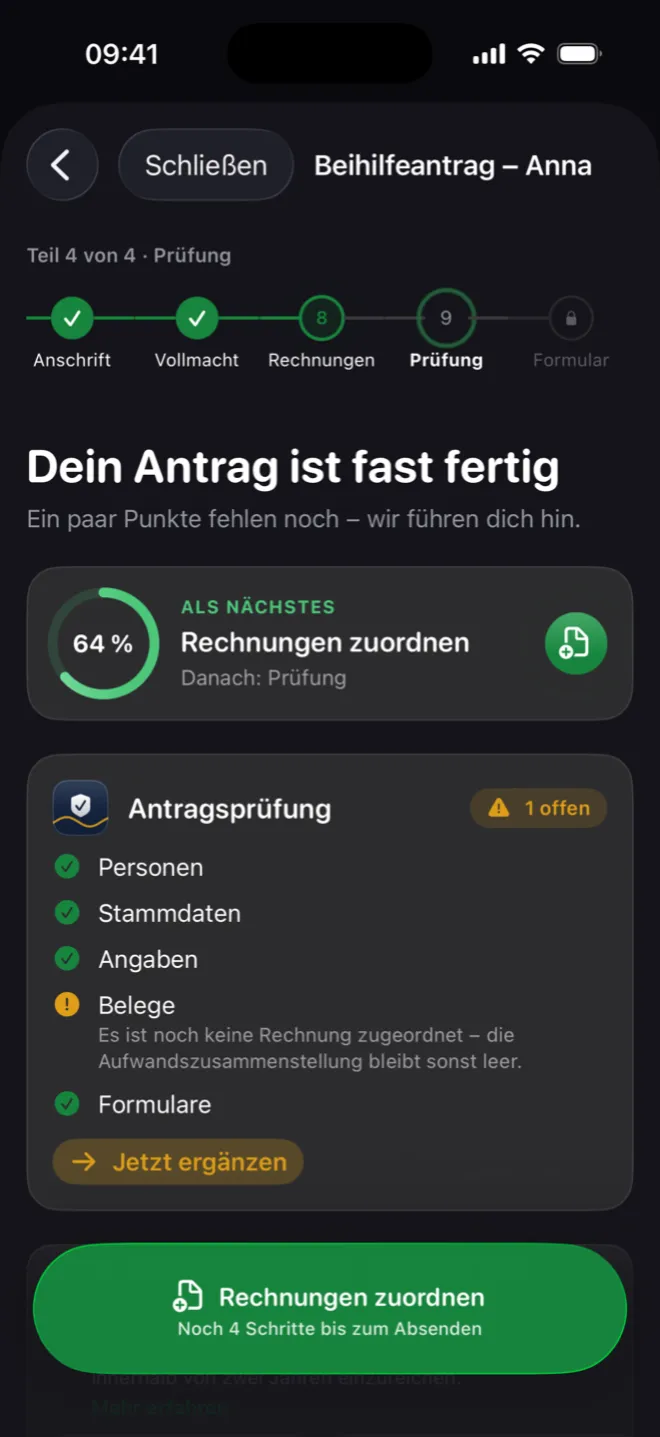 Antrag mit Fortschrittsring und nächstem Schritt