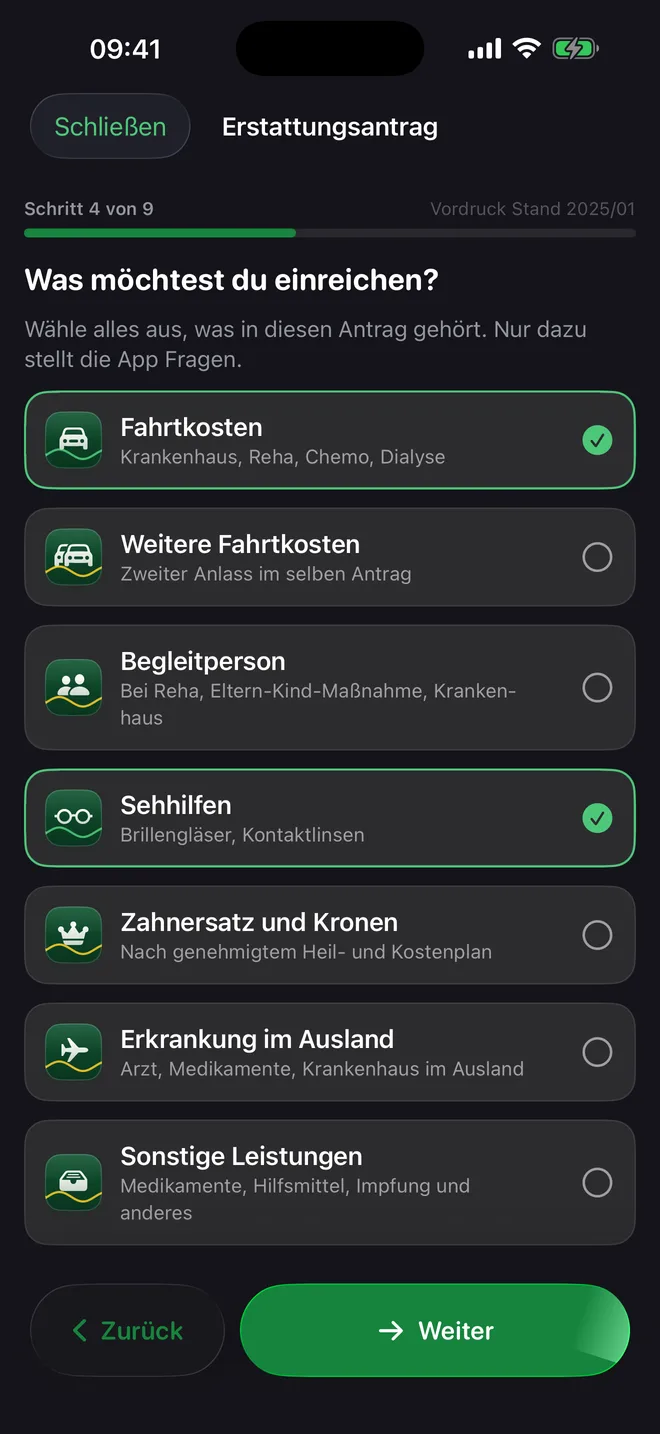 Ausfüllassistent: Was möchtest du einreichen?