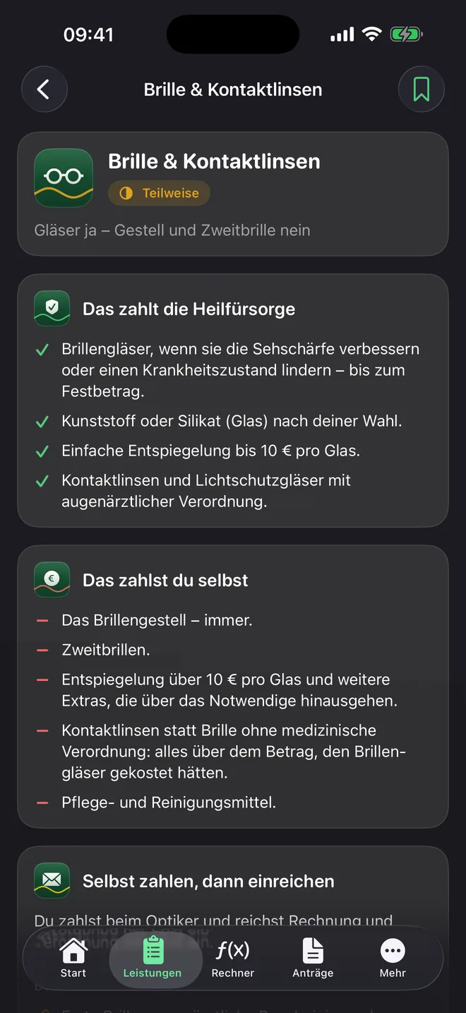 Leistung Brille und Kontaktlinsen im Detail