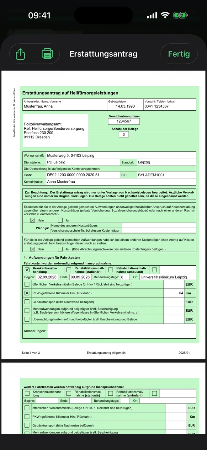 Ausgefüllter Erstattungsantrag als PDF
