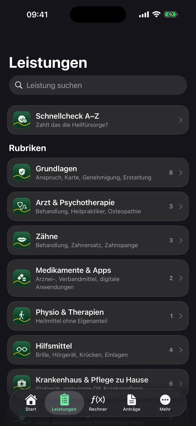 Rubriken der Leistungen