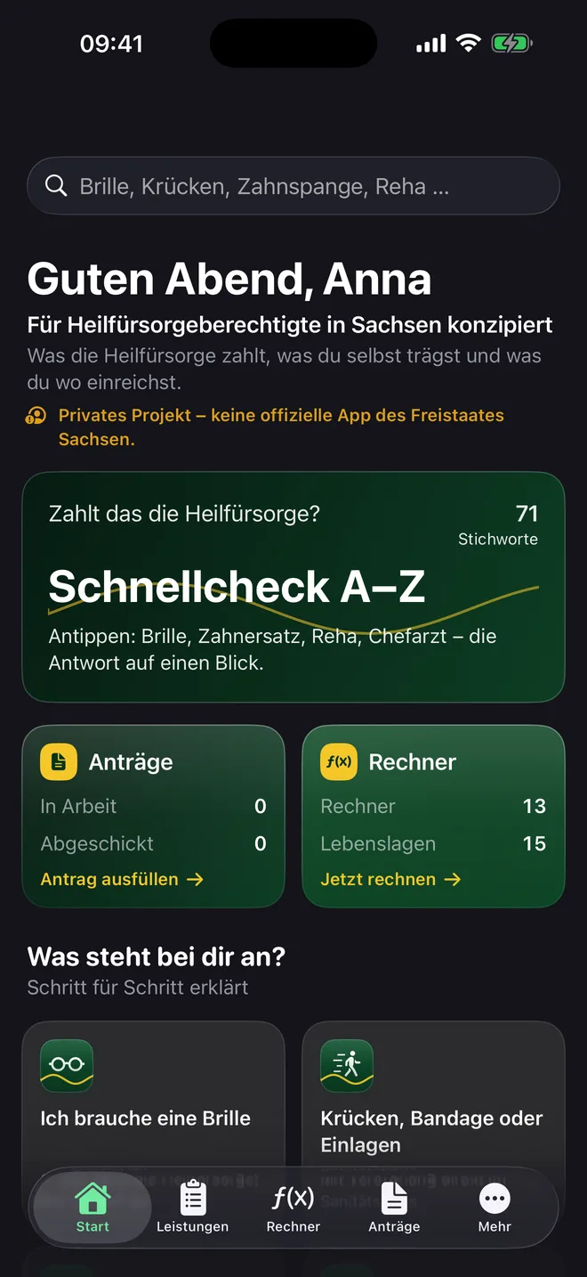 Startbildschirm der App