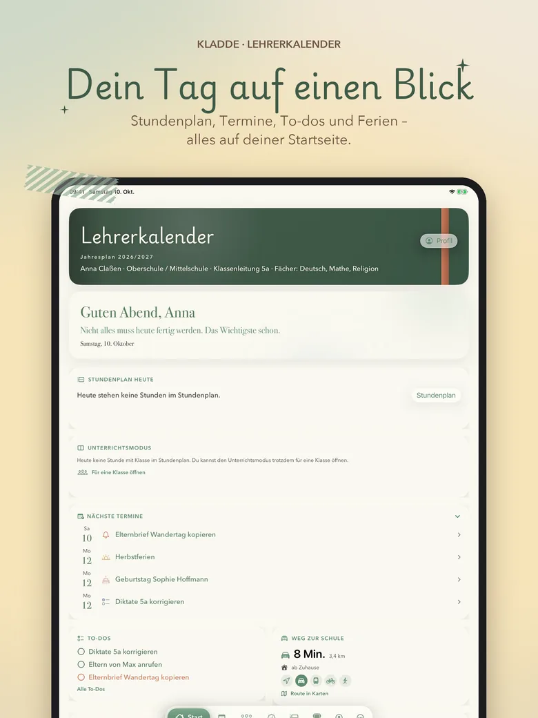 Startseite mit Kachel im Einband-Design