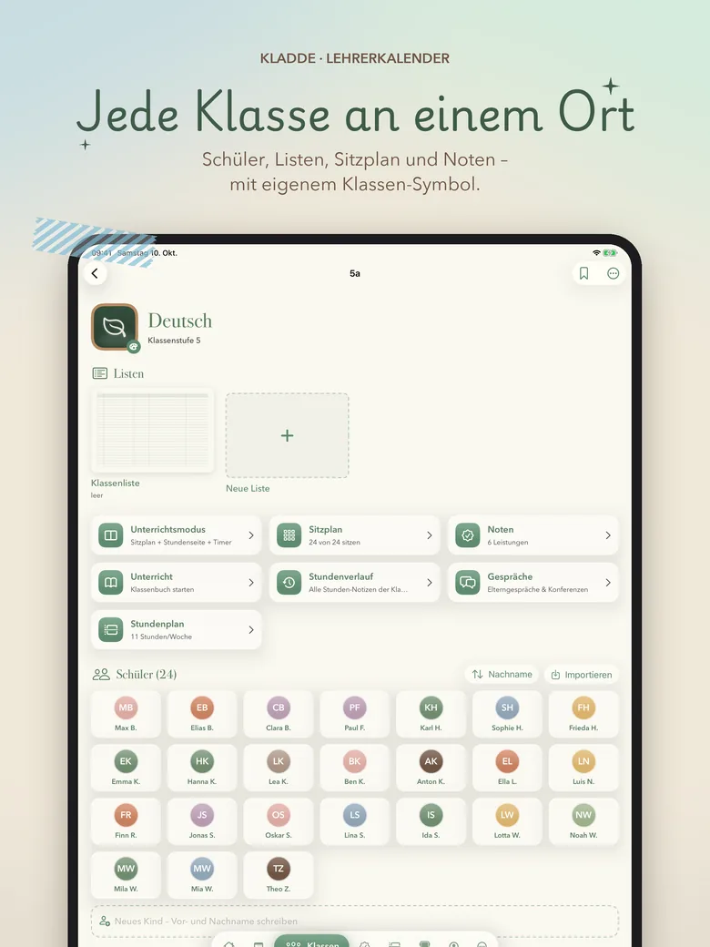 Klassenseite mit eigenem Klassen-Symbol und 24 Kindern
