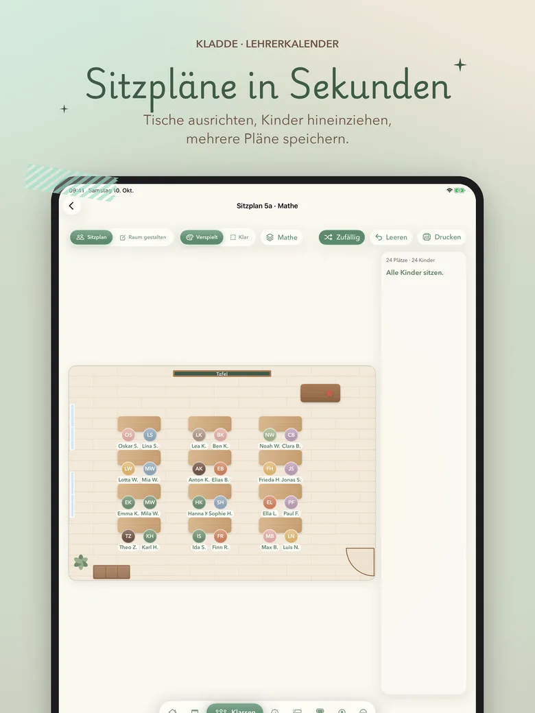 Sitzplan mit ausgerichteten Tischen und gespeichertem Plan Mathe