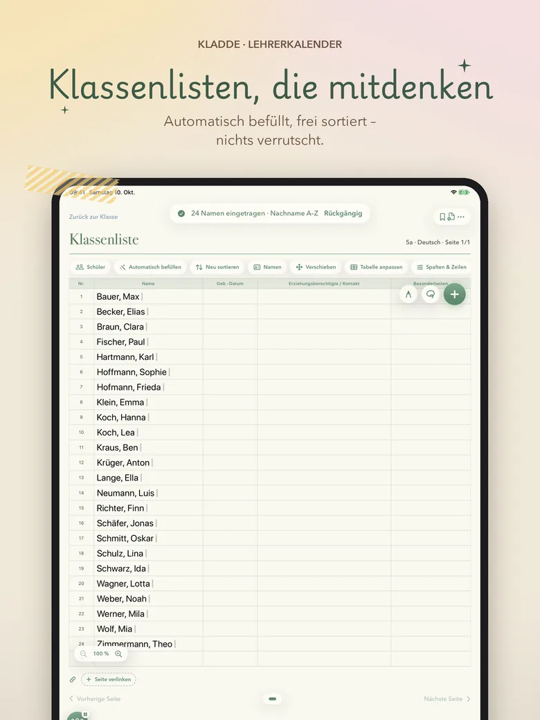 Klassenliste, automatisch befüllt und sortiert